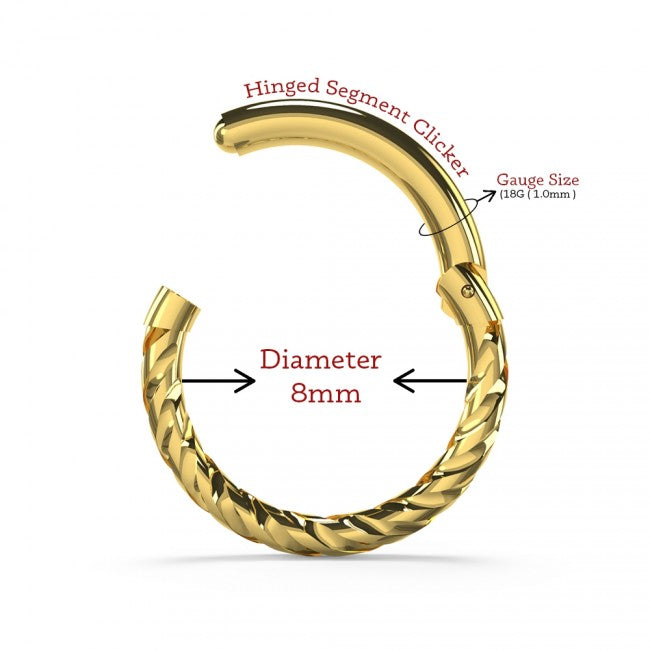 Image showing dimensions of 14 karat gold hinged clicker with twisted design. 18 gauge X 8mm.