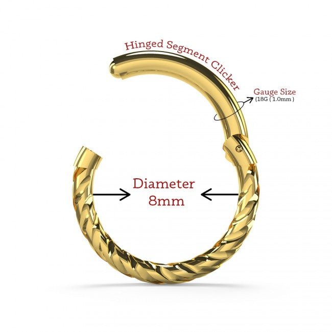 14 karat gold hinged clicker with twisted design. Can be used for septum, daith, rook, tragus, or any other cartilage piercings, etc. 18 gauge X 8mm.