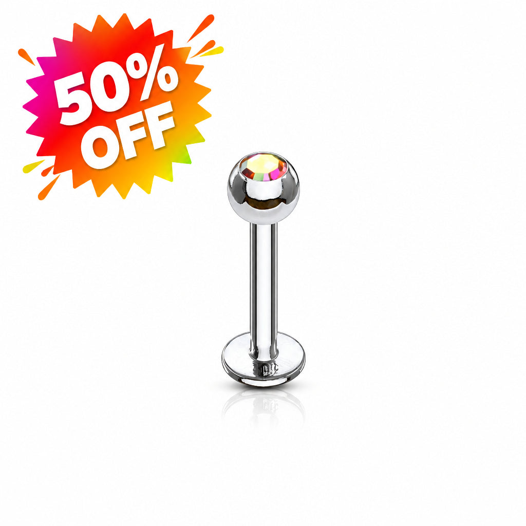 316L surgical steel press-fit or threaded crystal ball labret stud showcasing alternative pink, clear, aurora borealis, and blue cubic zirconia stone tops.