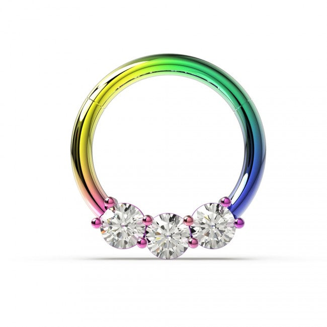 316L Surgical steel hinged segment ring with 3 clear cubic zirconia, shown in rainbow. These beautiful clickers are great for cartilage, daith, rook, snug, helix or septum piercings.