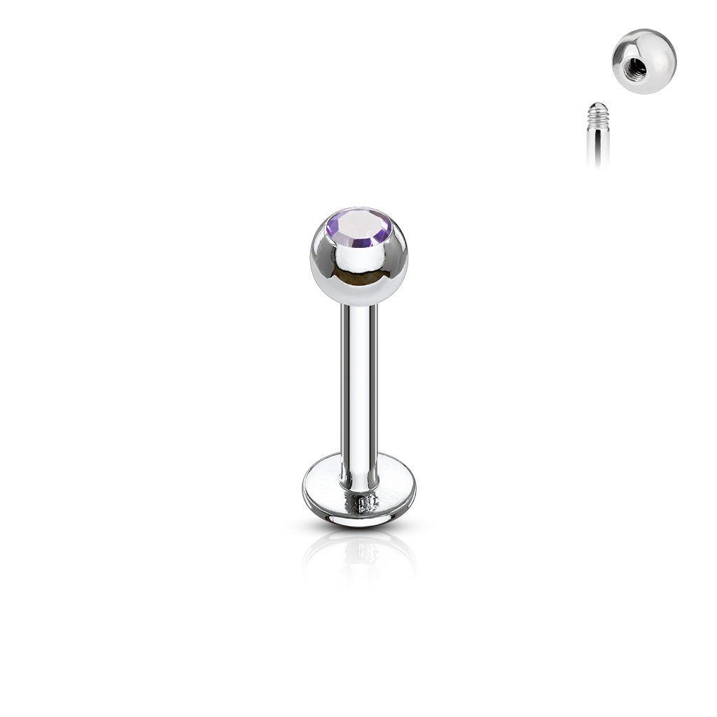 A surgical stainless steel labret stud featuring a crystal gem ball end