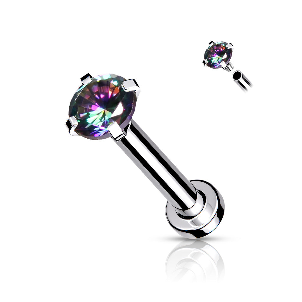  316L surgical steel labret stud featuring a prong-set vitrail cubic zirconia gem.
