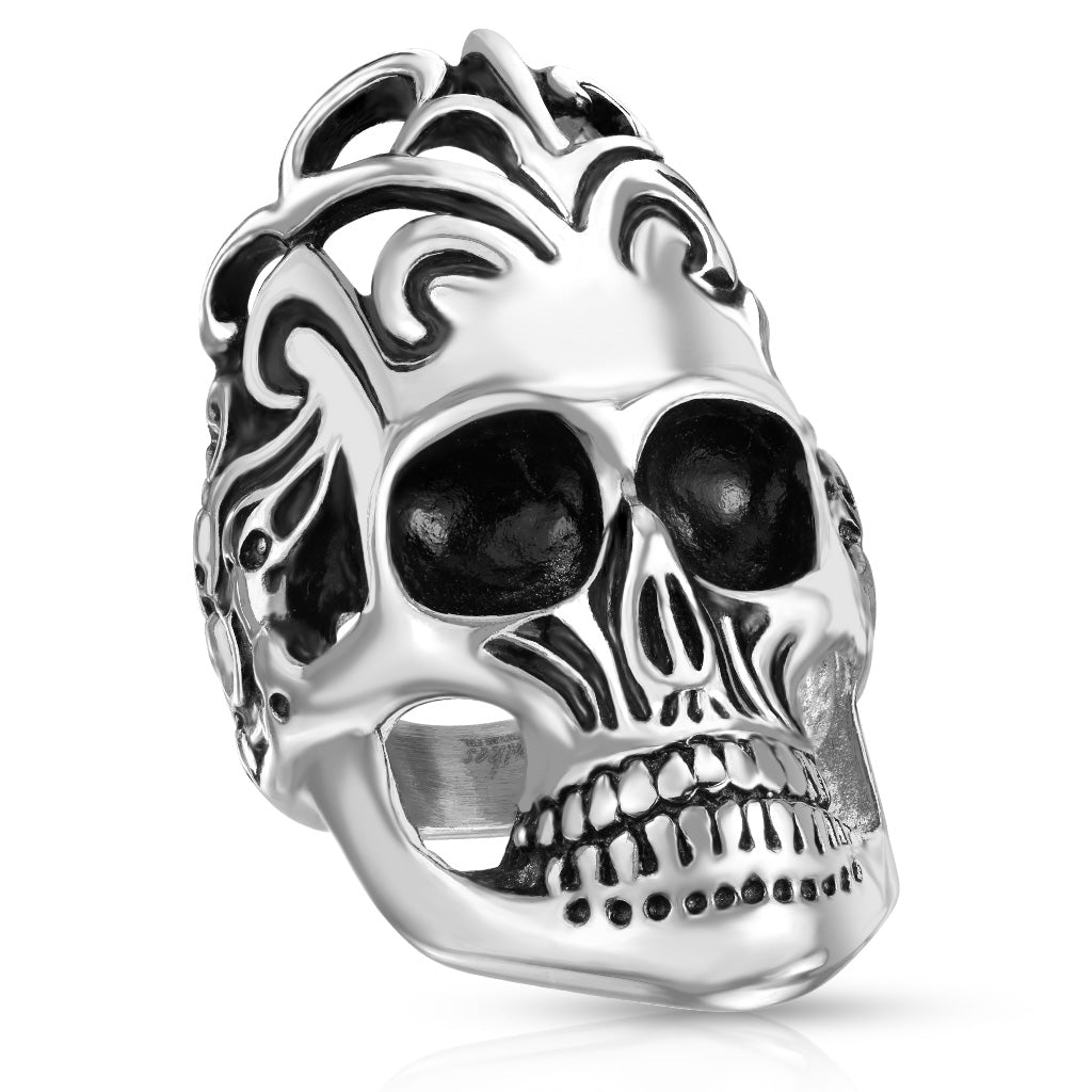 Stainless steel ring with a filigree skull design.