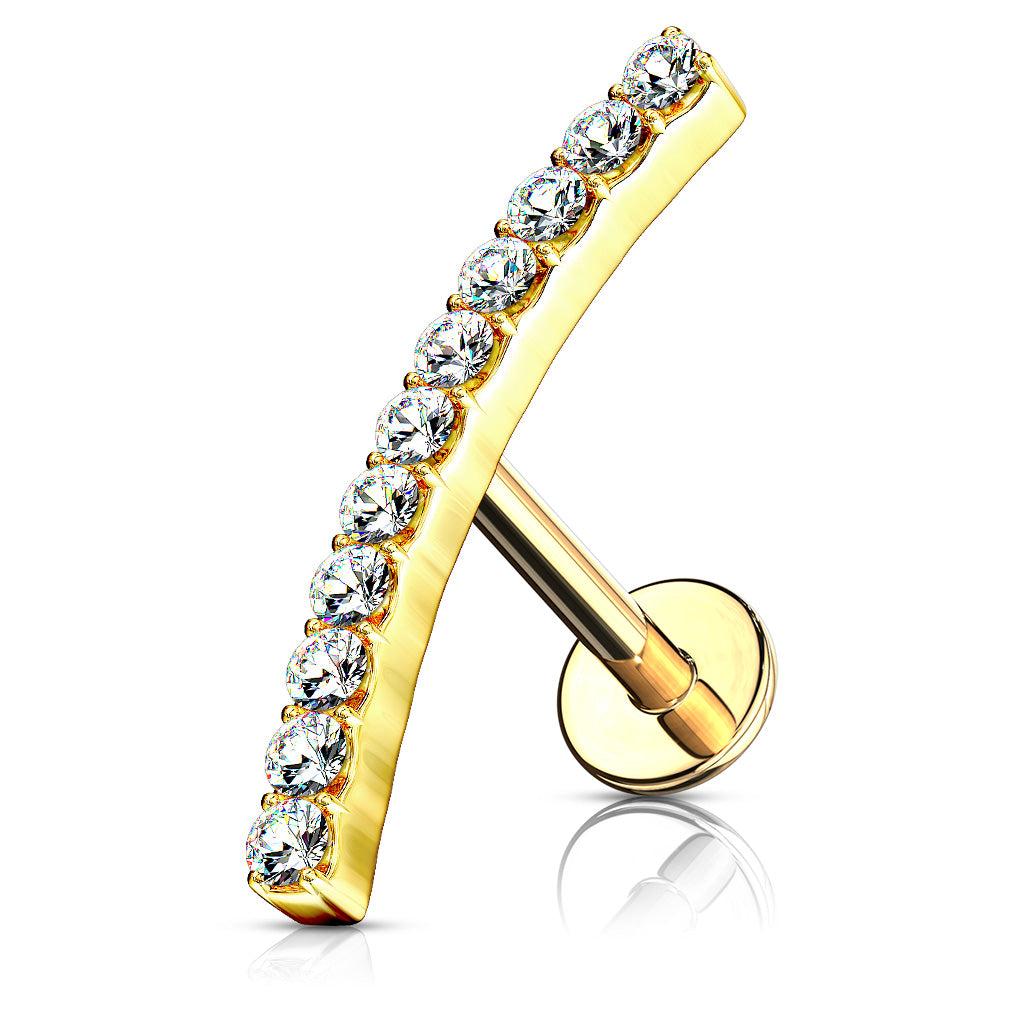 A gold-plated cubic zirconia curved labret piercing stud.