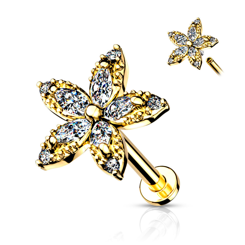 A 16 gauge gold-plated surgical steel marquise flower labret studs for ear cartilage piercings