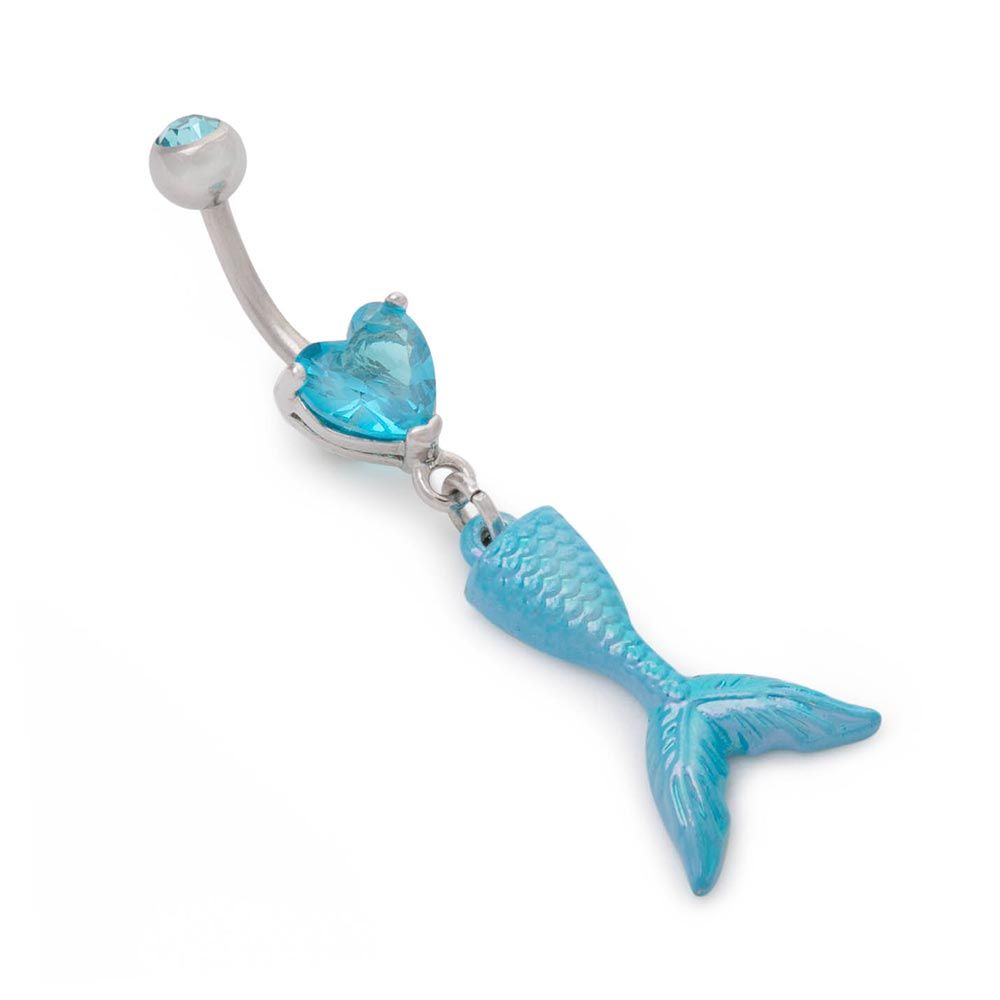 A belly ring with a mermaid tail, featuring a stainless steel shaft and a heart-shaped bottom charm with a blue iridescent resin dangling mermaid tail.