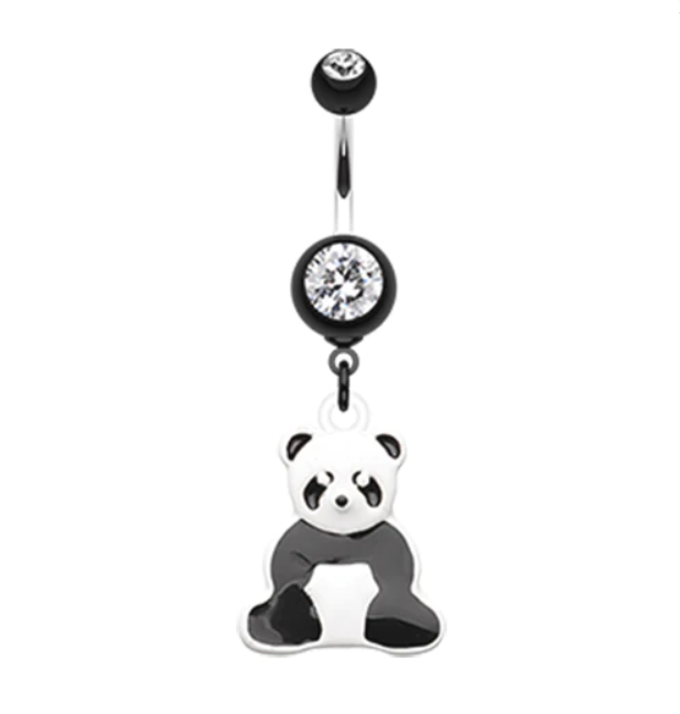 A belly ring with a dangly panda enamel-colored decoration on top.