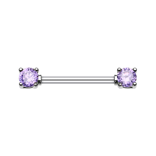A tanzanite double gem nipple barbell featuring surgical stainless steel or titanium and cubic zirconia