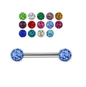 A selection of colorful steel barbells with tiffany balls attached, displayed on a white background.