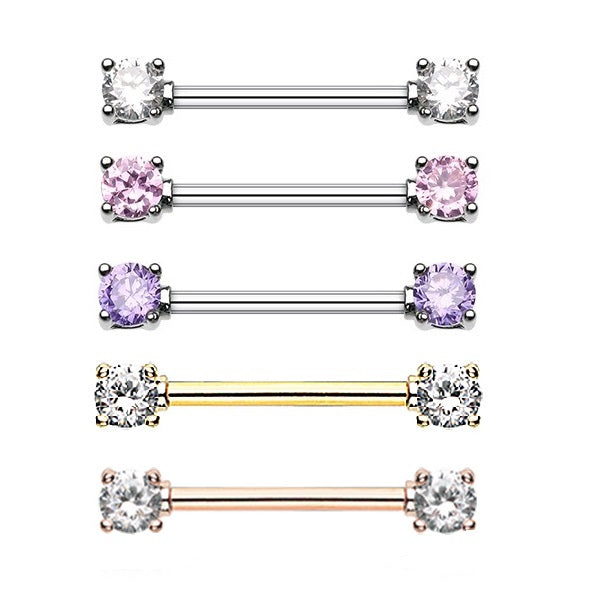 A set of prong-set cubic zirconia nipple barbells available in surgical steel, gold-plated, or rose gold-plated options.
