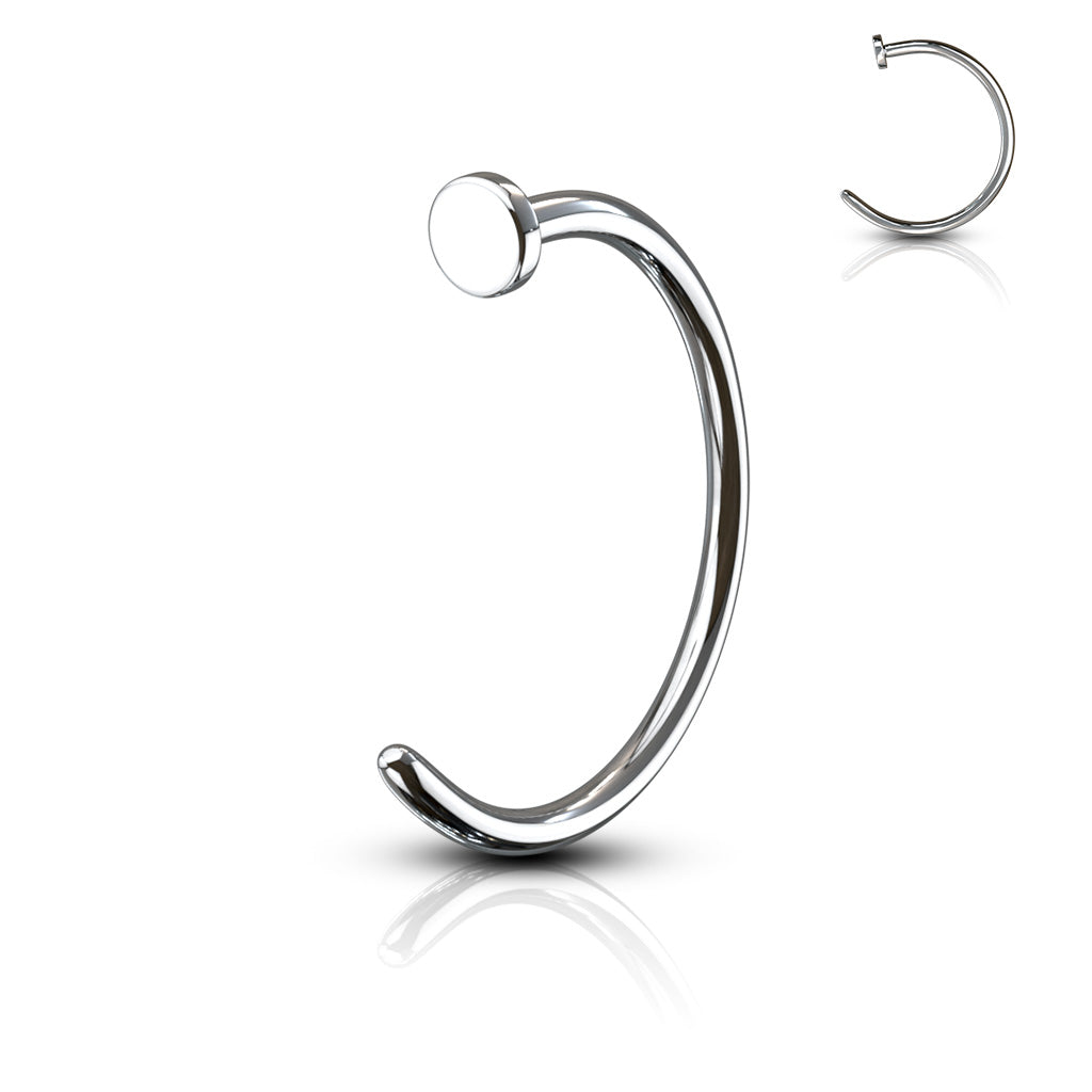 Versatile 316L surgical steel nose hoops for all nose piercings. Just insert the hoop from the inside of the nostril and feed it through and the little disk on the end keeps the hoop from sliding all the way through the nostril. The hoop stays open, so no need to "do it up" or close it in any way.