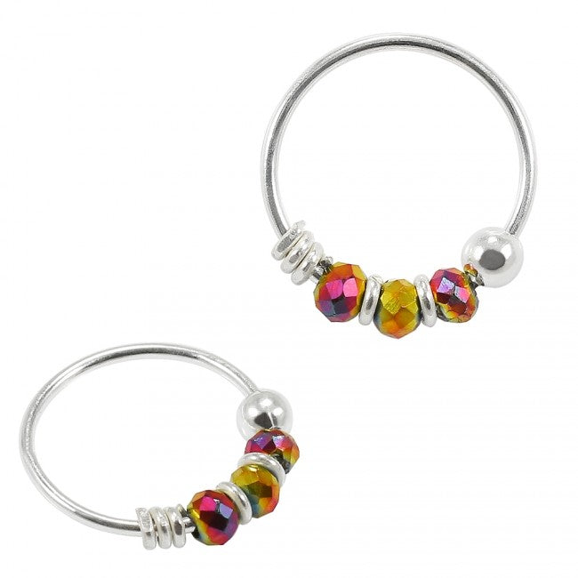 Sterling silver nose hoop with 3 iridescent vitrail beads.  These colourful beads catch the light in different ways, depending on the angle, and the light. 22 Gauge X 8mm.