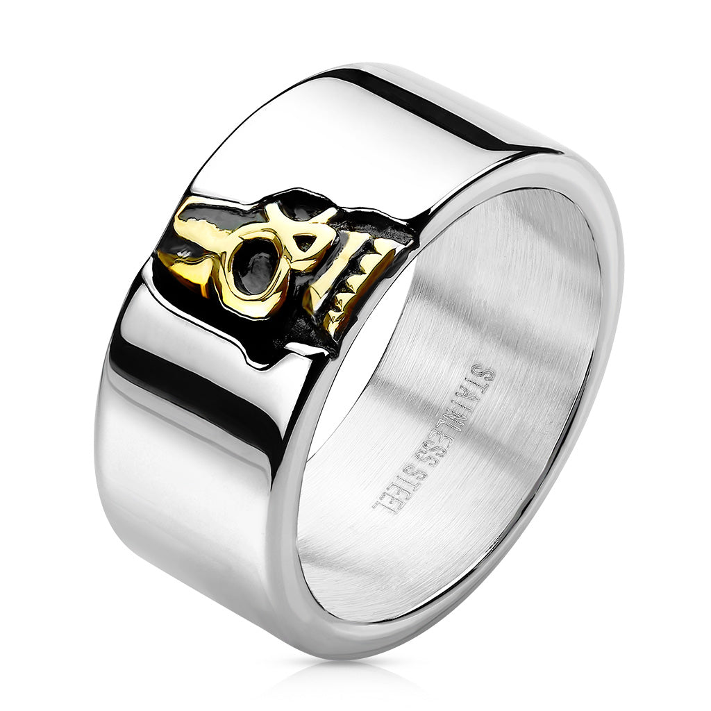 A stainless steel ring with a gold skull design peeking out from the top