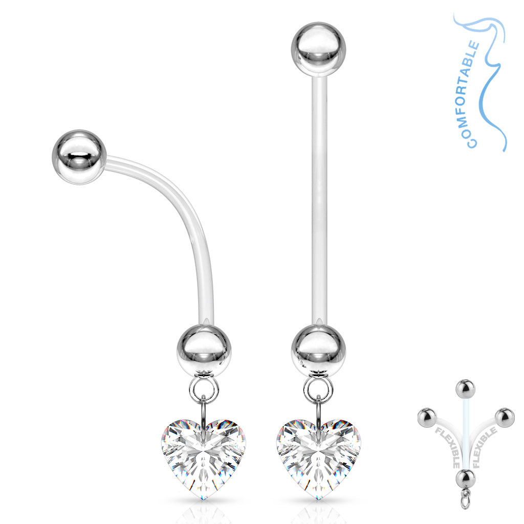 Bio belly banana with dangly clear heart gem.  Post is flexible and extra long 25mm, and can be cut to length. Externally Threaded. 