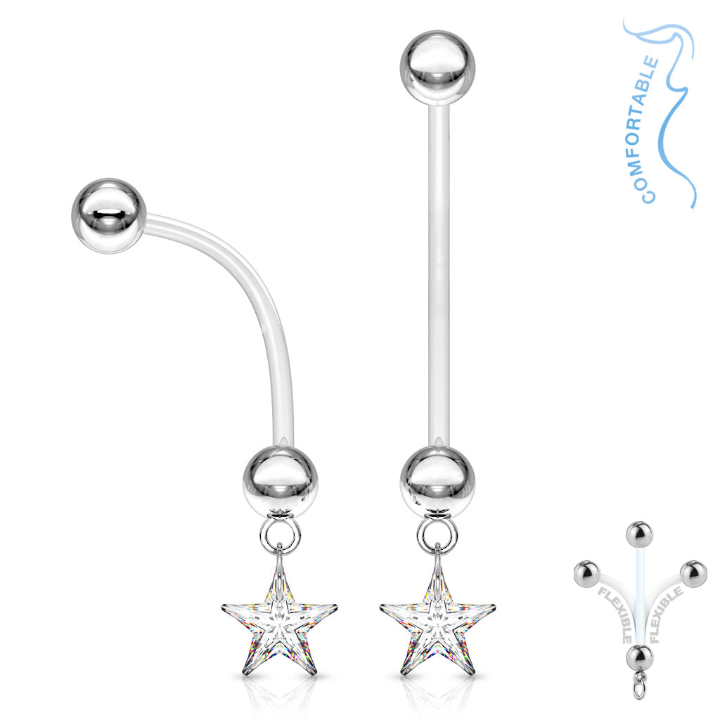 flexible pregnancy navel belly rings featuring a clear dangly star design gem
