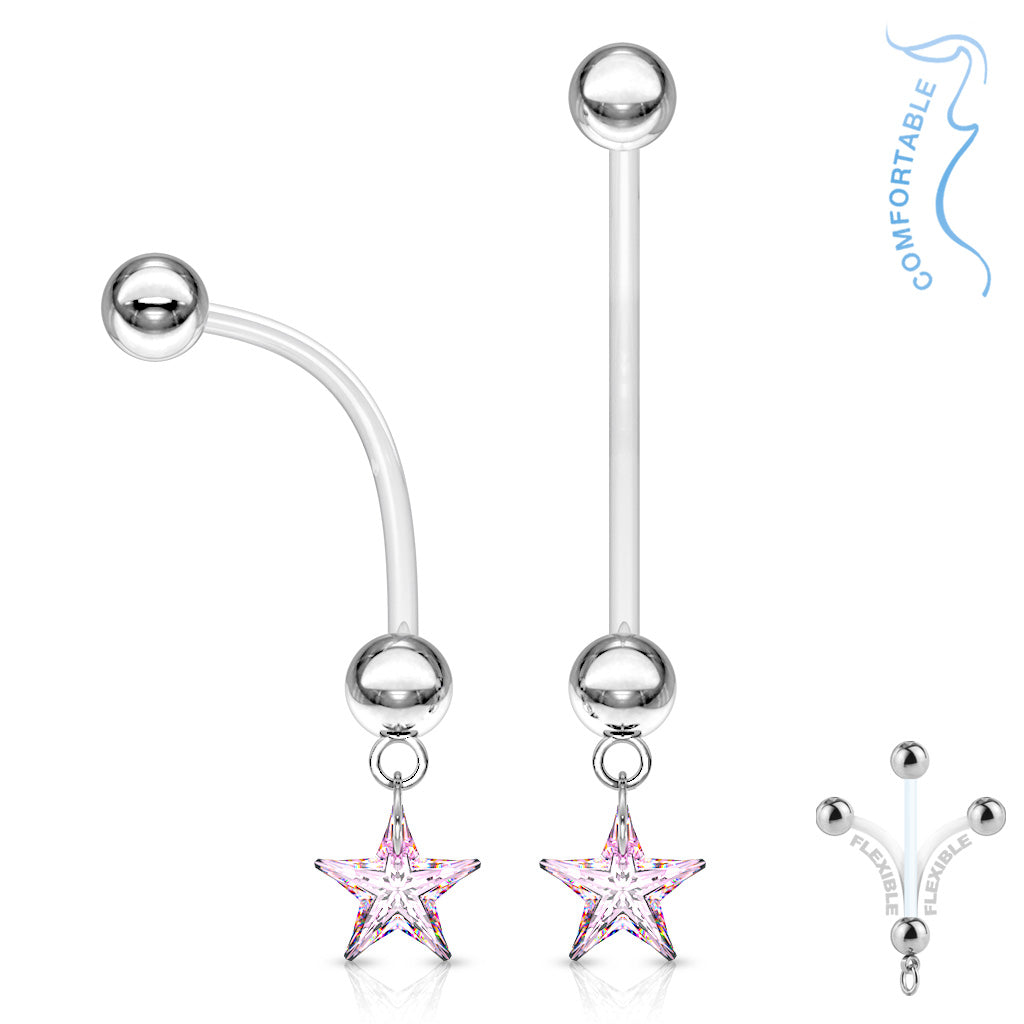 Flexible pregnancy navel belly rings featuring a dangly star design