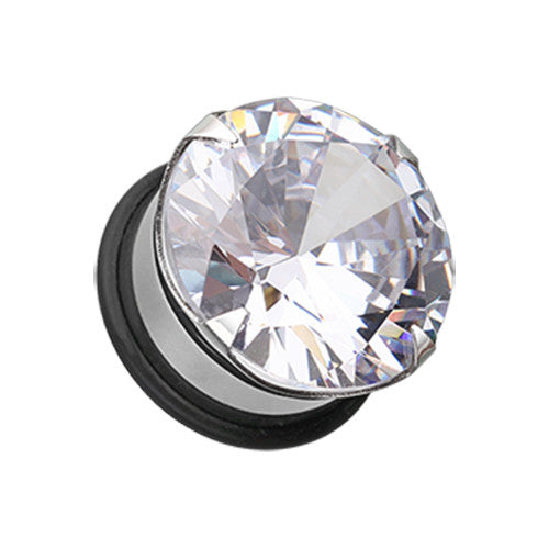 Sterling steel ear plugs featuring a large clear prong-set cubic zirconia gem