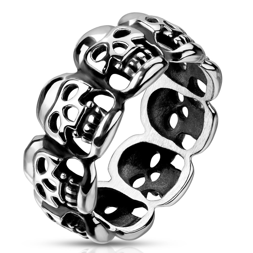 Stainless steel Ring of Skulls band featuring multiple skull designs around its circumference