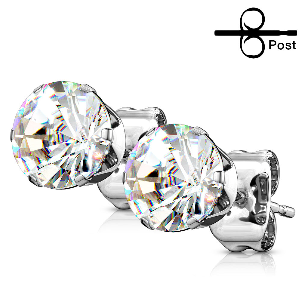 316L Surgical steel earrings that boast a stunning round, prong-set cubic zirconia that captures the light from every angle. Available in 4mm, 5mm, 6mm, 7mm, and 8mm sizes.