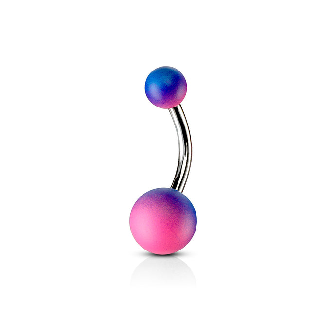 316L Surgical steel belly banana with two-tone pink/blue rubber coating over steel top and bottom balls. 