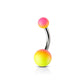 316L Surgical steel belly banana with two-tone yellow/pink rubber coating over steel top and bottom balls. 