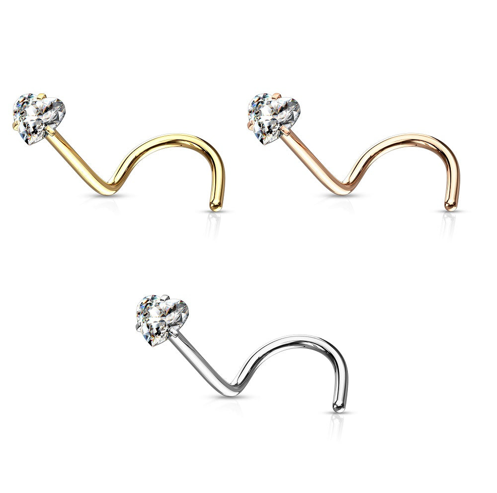 316L Surgical steel nose screws with a gorgeous prong set 3mm heart shaped cubic zirconia. Available in steel, gold plated or rose gold titanium ion plating.