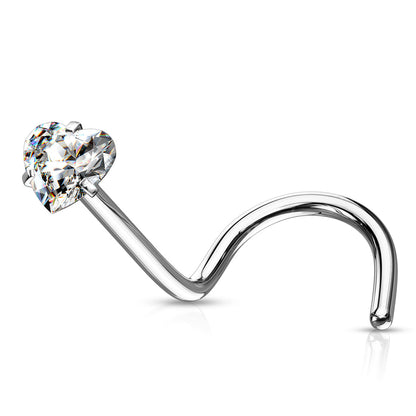 316L Surgical steel nose screw with a gorgeous prong set 3mm heart shaped cubic zirconia. 