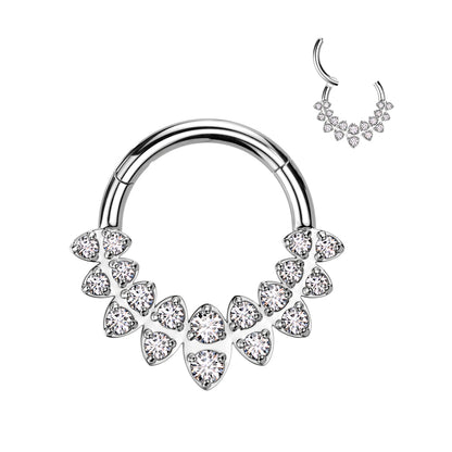 316L Surgical steel hiinged segment clicker with beautiful cubic zirconia jewels in a marquise shaped fan design, shown with clear gems. The rounded top of this hinged clicker makes it a great piece of jewellery for septum, daith, tragus, or rook piercings.