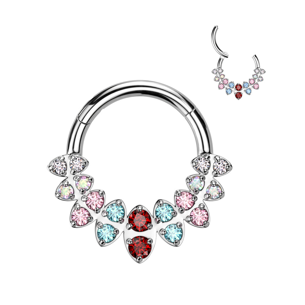 316L Surgical steel hiinged segment clicker with beautiful cubic zirconia jewels in a marquise shaped fan design, shown with rainbow gems. The rounded top of this hinged clicker makes it a great piece of jewellery for septum, daith, tragus, or rook piercings.