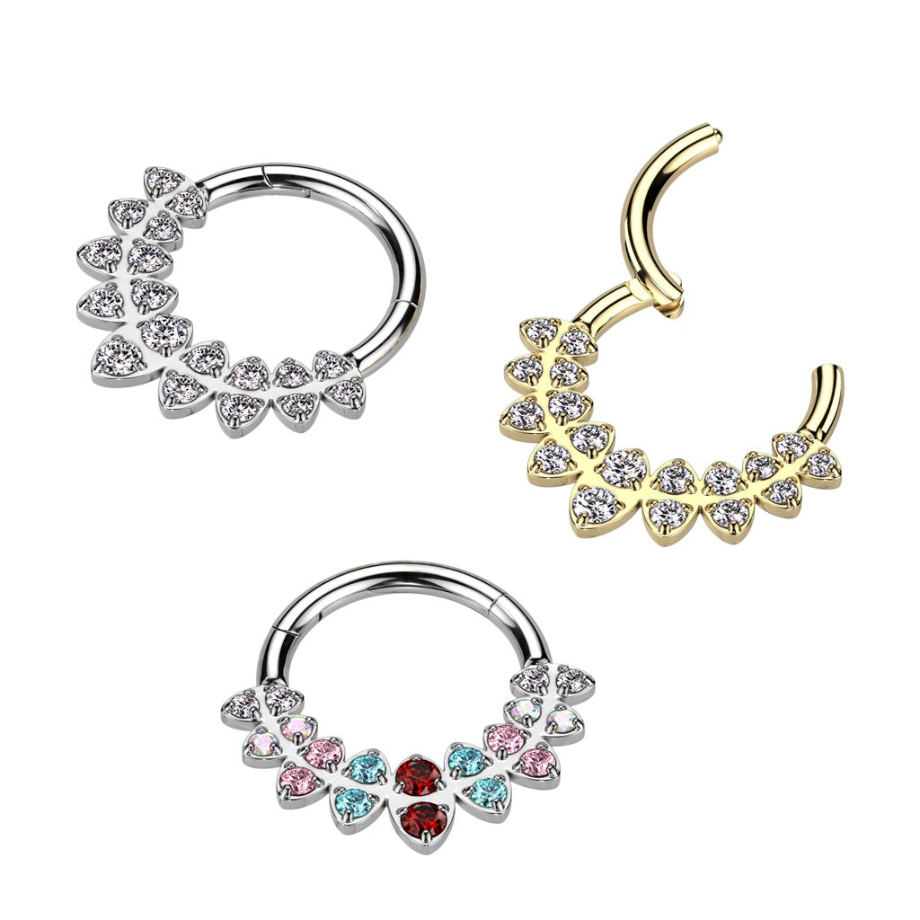 316L Surgical steel hiinged segment clicker with beautiful cubic zirconia jewels in a marquise shaped fan design. The rounded top of this hinged clicker makes it a great piece of jewellery for septum, daith, tragus, or rook piercings.