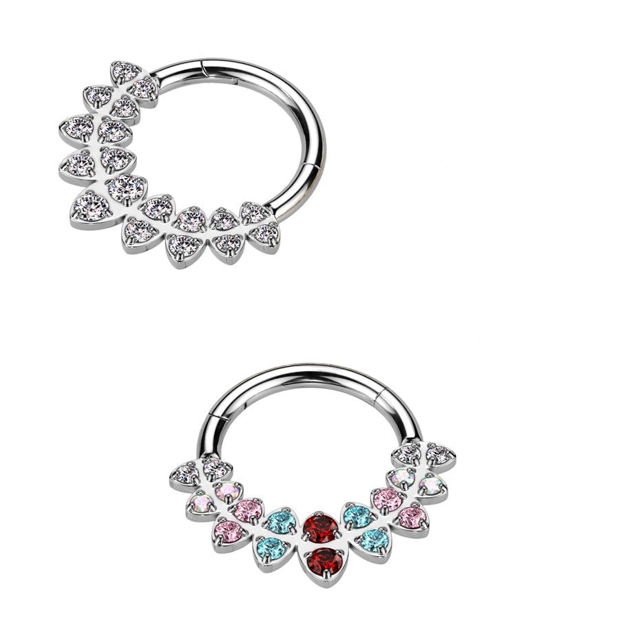 316L Surgical steel hiinged segment clicker with beautiful cubic zirconia jewels in a marquise shaped fan design. The rounded top of this hinged clicker makes it a great piece of jewellery for septum, daith, tragus, or rook piercings.