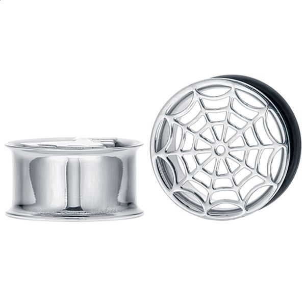 A single flare spiderweb design made of surgical steel, presented as a plug for tunnel piercing.