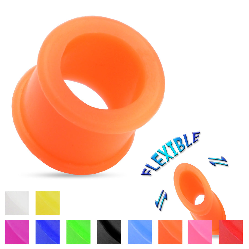 An orange silicone tunnels used for body piercings displayed alongside a color palette showing available color options.