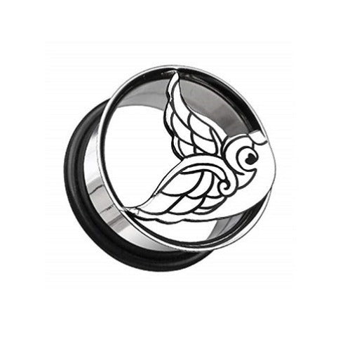A single flare tunnels/plug with a sparrow design, made of surgical steel, with a black band on one side.