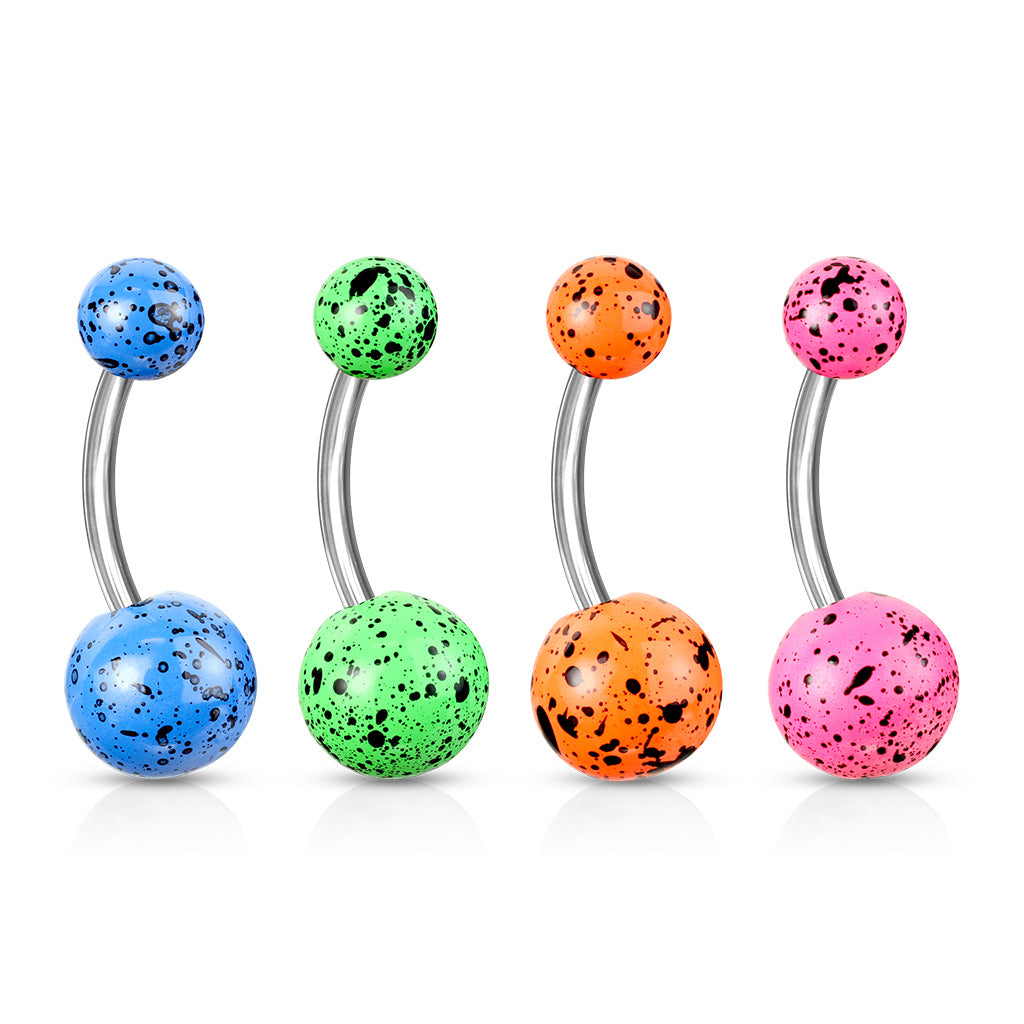 316L surgical steel belly banana rings featuring colorful splatter-patterned acrylic balls