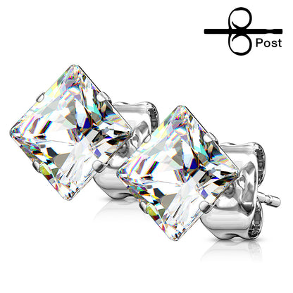 316L Surgical steel earrings that boast a stunning square, prong-set cubic zirconia that captures the light from every angle.  Available in 4mm, 5mm, 6mm, 7mm, 8mm and 10mm sizes.