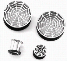 A single flare spiderweb design made of surgical steel, presented as a plug for tunnel piercing.