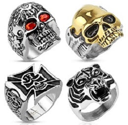 Stainless steel biker rings. Assorted designs. Sizes 9 - 15. Available in tray of 72 (tray included) * Designs are always changing. If you wish to request a specific design, please contact us.