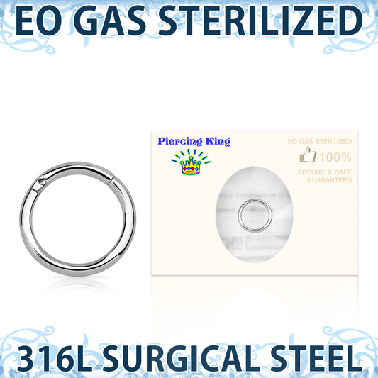 EO Gas pre-sterilized 316L surgical steel hinged segment rings. These hinged clickers are perfect for almost any piercing. Each piece is individually wrapped, and labelled with the size, date of manufacture, lot number, and expiry date. This product is only available to wholesale customers. Please contact us if you would like to become a wholesale customer.