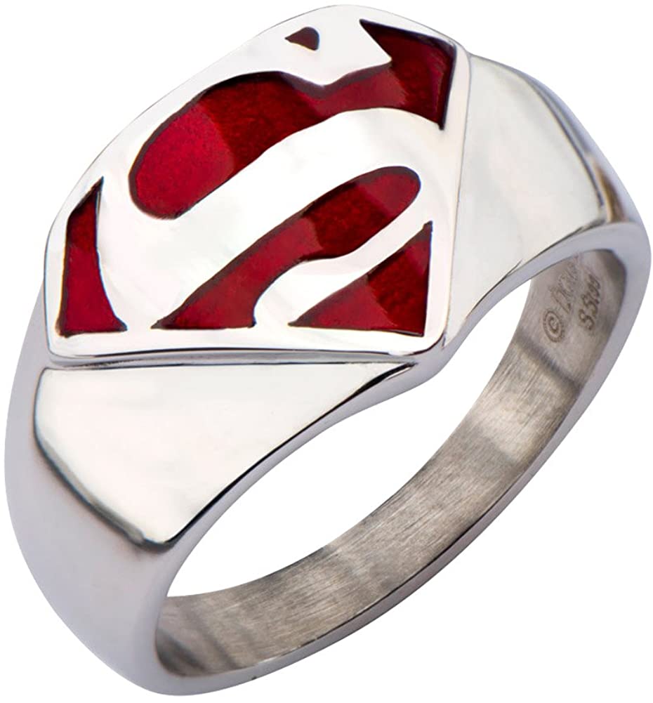 Stainless steel silver ring with a Superman logo design. 