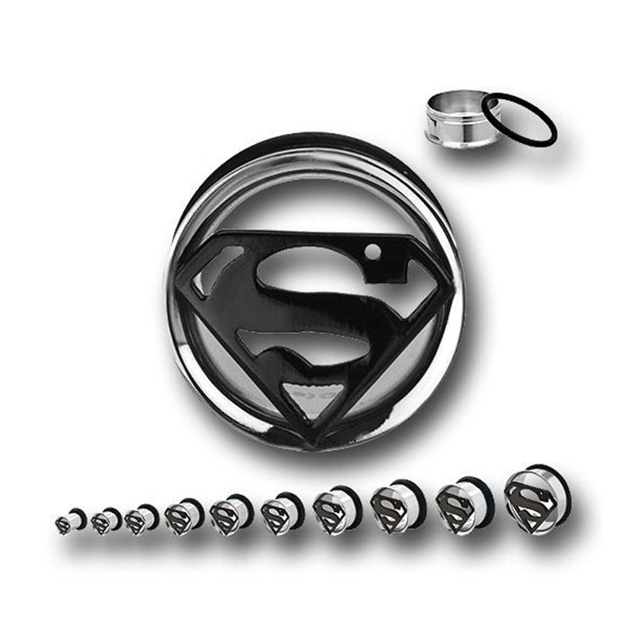 Superman-themed ear tunnels made of 316L surgical steel, featuring a black logo