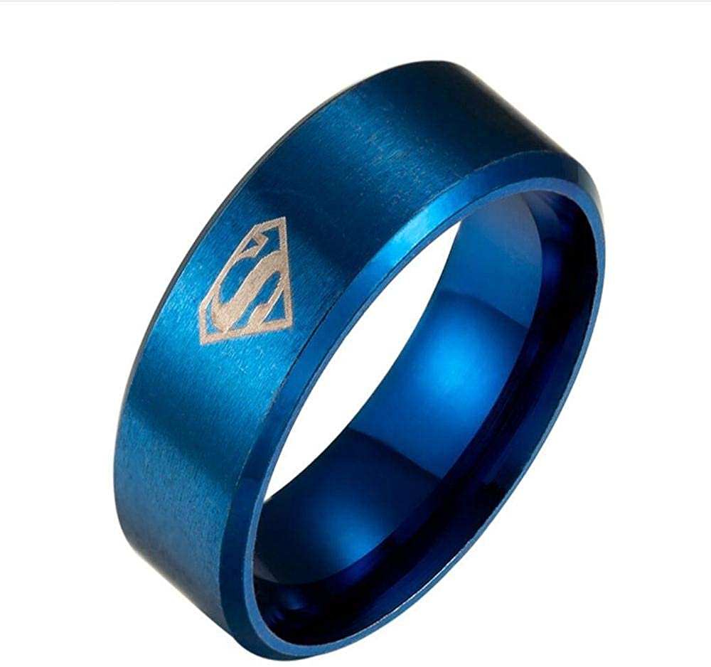 Bright blue stainless steel band ring with a silver Superman logo.