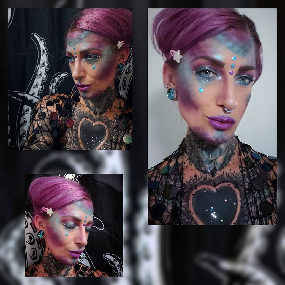 A collage of three photos featuring a person with pink hair and mermaid-inspired makeup, showcasing a silver septum ring, blue ear plugs, and decorative face gems.