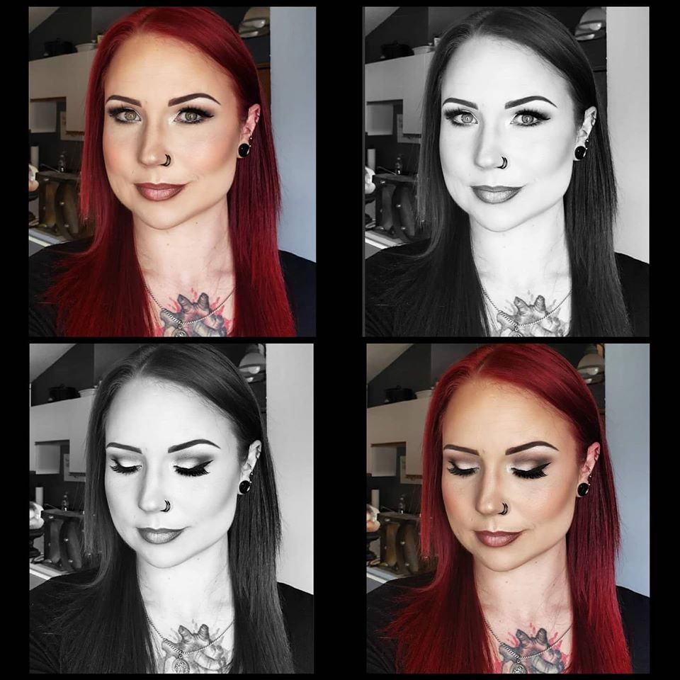A collage of four portraits (two in colour and two in black and white) of a person with vibrant red hair, showcasing a black nose hoop, a black tragus stud, and black ear plugs.