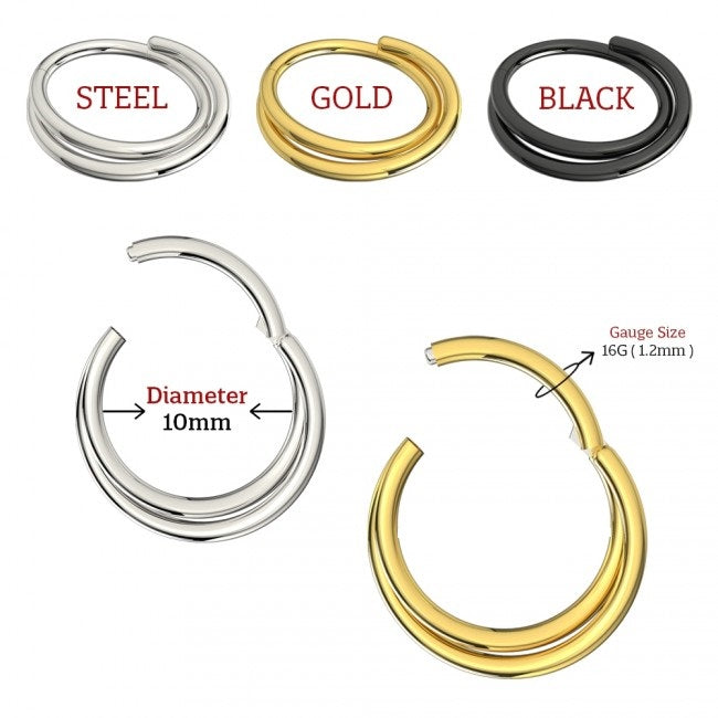 A surgical steel hinged segment clicker with a twisted double hoop look. Available in steel, gold or black. The rounded top of this hinged clicker makes it a great for daith, tragus, rook or septum piercings.