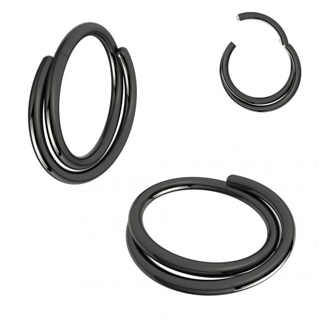 A surgical steel hinged segment clicker with a twisted double hoop look, shown in black.  The rounded top of this hinged clicker makes it a great for daith, tragus, rook or septum piercings.