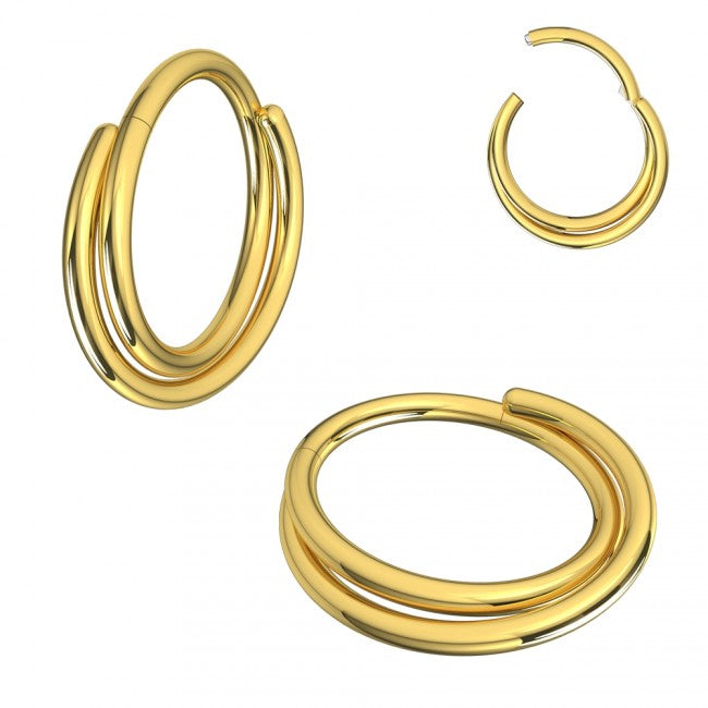 A surgical steel hinged segment clicker with a twisted double hoop look. Available in steel, gold or black. The rounded top of this hinged clicker makes it a great for daith, tragus, rook or septum piercings.