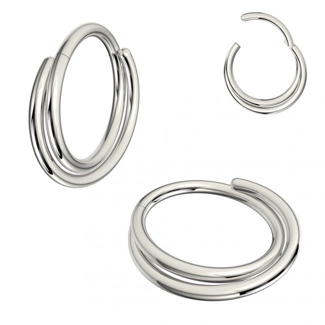 A surgical steel hinged segment clicker with a twisted double hoop look, shown in steel.  The rounded top of this hinged clicker makes it a great for daith, tragus, rook or septum piercings.