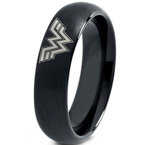 Black stainless steel band ring with a Wonder Woman logo.