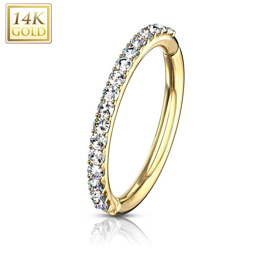 14 Karat yellow gold hinged clicker with 7 prong-set cz side facing gems. Choose either front facing or side facing gems in yellow gold or white gold. Available in 16 Gauge X 8mm, 16 Gauge X 10mm or the very small 16g X 6mm. Autoclave not recommended.